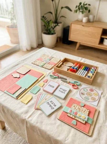 ערכת פעילות מאורגנת לפסח על רקע בד פסטלי