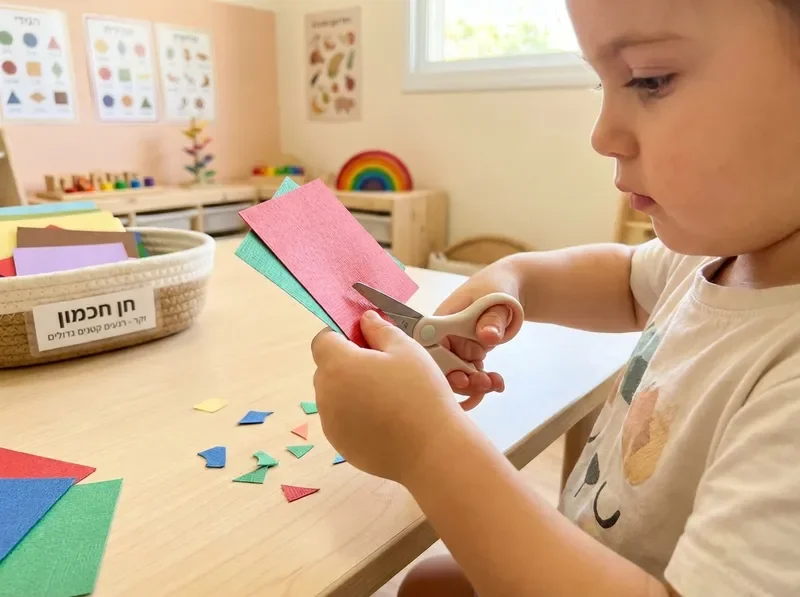 ידיים קטנות עובדות על יצירה עם נייר צבעוני