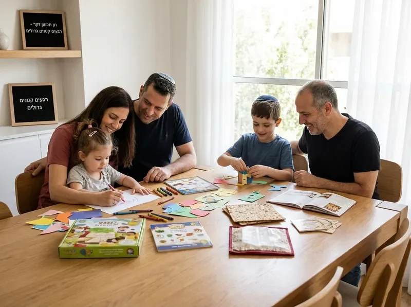 משפחה סביב שולחן עם פעילויות פסח
