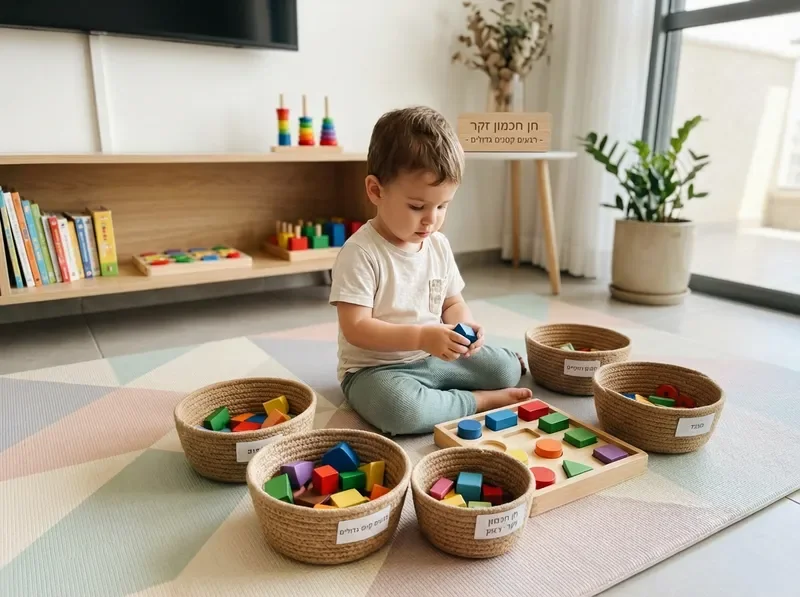 ילד ממיין חפצים צבעוניים לפי קטגוריות